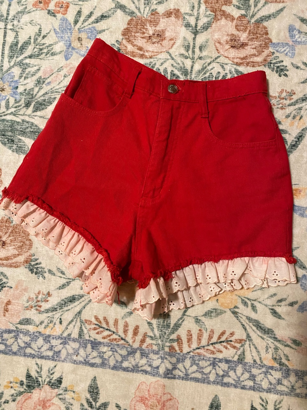 Vintage Red High Rise Ruffle Shorts - Picture 2 of 9